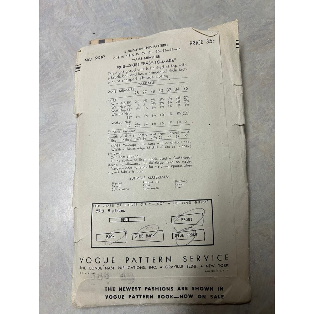 Vintage 40's Vogue Pattern #9010 "Easy to Make" 8-Gored Skirt Waist 32" Hip 41" - Picture 6 of 8